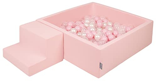 KiddyMoon Spielplatz Aus Schaumstoff Mit Quadrat Bällebad (200 Bälle) Ballgruben Für Babys Spielbad Hindernisläufen, Hergestellt In Der EU, Pink:Puderrosa/Perle/Transparent