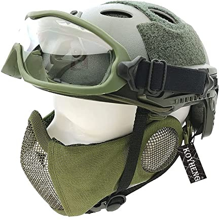 Tactique Airsoft Fast Casque et Masque de Protection des Oreilles en Maille Demi-Visage Pliable avec Lunettes de Protection Complète du Visage