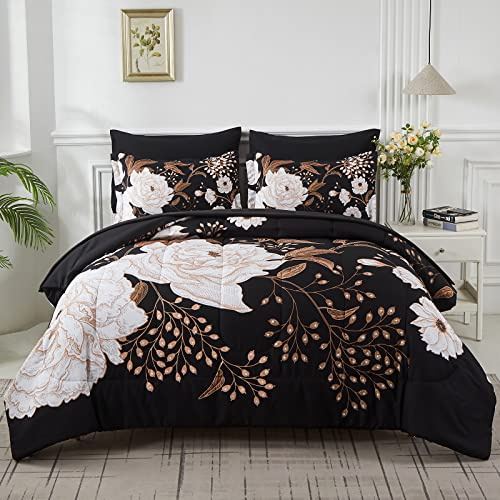 Yogeneg 7-delad säng i en väska, king size täcke set botaniskt blommigt sängkläder, vita blomblad tryckta på svart vändbar design, mjukt mikrofibertäcke med lakanset, alla årstider (svart, kung)