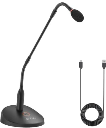 BOYA BY-GM18CU - Micrófono condensador de cuello de cisne de 18 pulgadas con base USB, micrófonos de podio para computadora, monitoreo en tiempo real, micrófono de escritorio para videoconferencias,