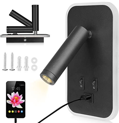 Towwoo Luce da Lettura da Comodino con Interruttore, Lampada da Parete a LED, Applique da Comodino Orientabile Faretto da Camera da Letto Luce Regolabile, Porta di Ricarica USB (3W + 9W 3000K)