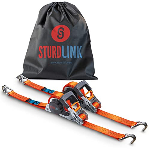 Automatik Spanngurt 35mm 5m mit J Haken 1000kg/2000kg | Set von 2 Spanngurte Selbstaufrollend | Automatischer Spanngurtwickler/Spanngurtaufroller | Zurrgurt für Pkw Anhänger Quad Motorrad EN 12195-2