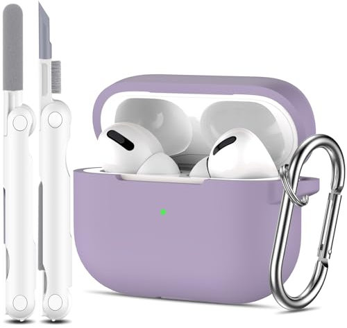 R-fun Kompatibel mit AirPods Pro 1 Gen Hülle mit Reinigungsset, Vollständiger Silikonschutz Kompatibel mit Apple AirPods Pro 2019 Hülle [Front-LED sichtbar],Bananenviolett