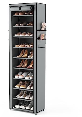 VTRIN Vertical Narrow Shoe Rack Organizer Tall Shoe Rack for Closet Entryway 10 Tier Non-Woven Cover Shoe Shelf Holds 20-22 Pairs Free Standing Shoe Storage Cabinet with Dustproof Cover, Grey