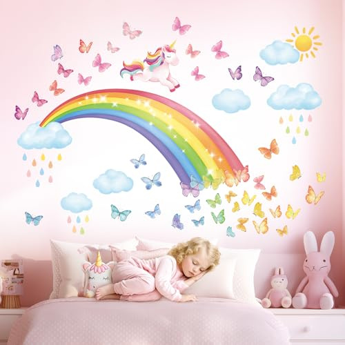 DECOWALL SG2-2309 regnbåge väggtatuering enhörning väggklistermärke moln fjärilar flickor barn väggklistermärke för flickrum barnrum babyrum väggdekoration