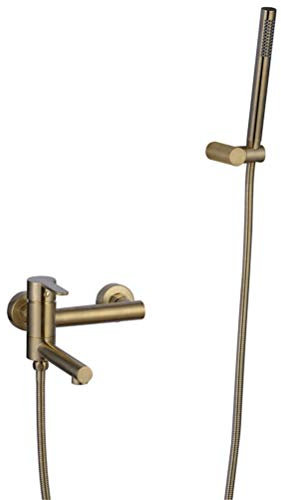 Badewanne Duschhahn Set Matt Schwarz/Gebürstetes Gold Hand Dusche Sprinkler Halter Badewanne Wasserfall Düse Integriert Doppel Loch Einzelgriff Messing Badarmatur mit Dusche Kit,G Dekoration