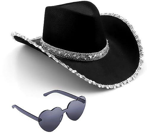 Silom Cowboy Hat Halloween Costume Cowgirl Hat for Women Men Adult Western Cow Girl Hat with Heart Glasses Dress Up Cow Girl Costume for Bachelorette, Bachelor Party