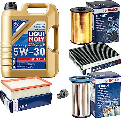 Inspektionspaket Wartungspaket Filterset mit 5 L Motoröl Longlife 3 5W-30, Ölfilter, Innenraumfilter (Aktivkohle), Luftfilter, Kraftstofffilter, Verschlussschraube