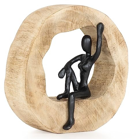 Moritz Reflection 14,5 cm Schwarz – Mangoholz Dekofigur sitzend Frau modern | Aluminiumfigur auf Naturholzring, Handarbeit und Unikat, für Regal, Kommode und Büro, Geschenkidee zum Muttertag