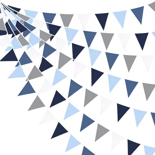 32Ft Navy Blue Grey White Bunting Banner Party Decorations Royal Fabric Triangle Flag Pennant Garland Streamers for Ahoy Achor Nautical Pirate Birthday Wedding Baby Shower Under The Sea Party Decor