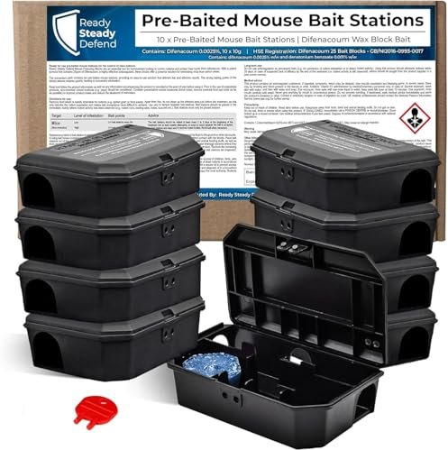 Pre Baited Mouse Boxes (Pack of 10) Effective Indoor Mouse Trap Boxes - Safe Baiting Solution, Convenient Mouse Station, Preloaded Box Killer Complete with Key