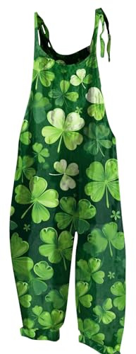 Sport Jumpsuit Damen Ganzkörperanzug Damen Sexy Pinke Latzhose Damen Kleeblatt Druck St Patricks Day Kostüm Spaghetti Jumpsuit Wide Leg Playsuit Rückenfrei Romper Jogginghose Damen (Armeegrün, M)
