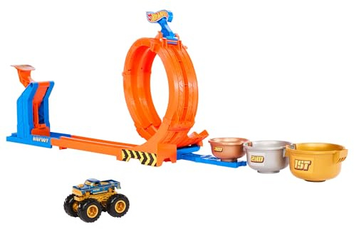 Hot Wheels Monster Trucks-leksakstruck- och banset, Loop-And-Flip Trophy Challenge-lekset och formgjuten Bigfoot i skala 1:64 för 50-årsjubileet, 2 sätt att leka, JBX64