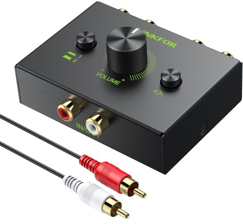 LiNKFOR Cinch L/R Stereo Audio Switch, 1 in 2 Out/ 2 in 1 Out Bidirektionaler Audio-Umschalter, passiver Audio Cinch Splitter mit Stummschalttaste für CD Player Amp PC Lautsprecher