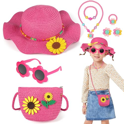 BTHRORO Cappello da Sole per Bambina, Set Cappello di Paglia con Decorazione Floreale, Cappello da Spiaggia e Mini Borsa di Paglia per Ragazze, con Occhiali da Sole e Gioielli Bambina