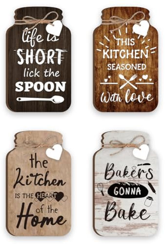 GOMAKERER Lot de 4 pots de cuisine pour décoration murale avec inscription « With Love », panneaux en bois à suspendre, décoration inspirante pour salle à manger