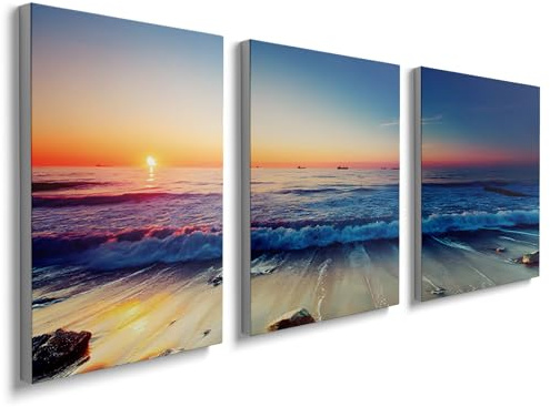 3 Pieces Wall Art Canvas Prints - Seaside Picture Painting Modern Wall Artwork Framed for Bathroom Home Office Decor 30x40 CM YH1702