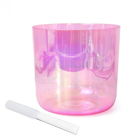 Ciotola di cristallo alchemico color rosa da 8 pollici, ciotola sonora for chakra, regalo for yoga, meditazione e guarigione sonora, con percussore acrilico e O-ring gratuiti(F Note)