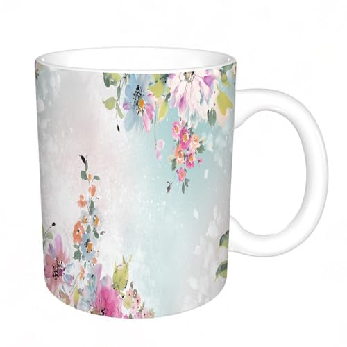 KDWJS Tasse Keramik Kaffeetassen Große 11oz Tassen 330ml Trinkgläser Mit Griff Personalisierte Geschenk Weiß,Aquarell Rose Pfingstrose Paisley gestreifte Blume