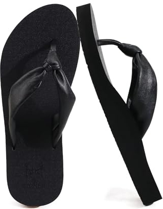 KuaiLu Womens Flip Flops Comfort Arch Support Yoga Mat Cushion Orthotic Thong Sandals Fashion Leather Slip On Summer Beach Walking Slides Outdoor Plantar Fasciitis Recovery Shoes Black 7