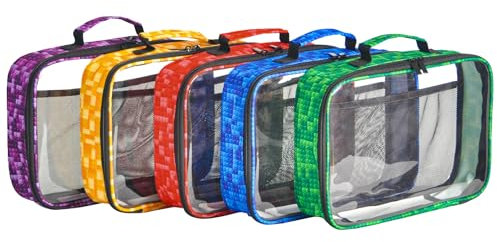 5 PCS Toys Storage Bags for kids,Travel Organizer Pouch Case for Toy Bricks, Puzzles, Building Blocks,Waterproof Colorful Print Design with Handle (Transparent)