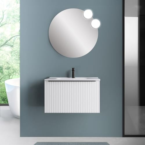 Mobile Da Bagno Sospeso 70 Cm Color Bianco Opaco Cannettato In MDF Laccato Con Vernice Ad Acqua Con Cassetto E Maniglia A Chiusura Rallentata E Lavabo In Ceramica Linea Nara