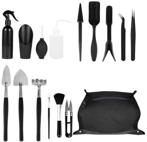 Dinchaakuarry Kit d'outils Succulents - 16pcs Mini Garden Hand Tools Set | Accessoires de d'intérieur avec Bouteille d'eau, pelles, râteau, Pelle, Brosse, Pince à épiler pour en Pot, Cactus,