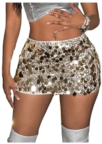 GORGLITTER Women's Sequin Sparkly Bodycon Mini Skirts Low Waist Skinny Night Out Skirts Concert Outfits Gold Small