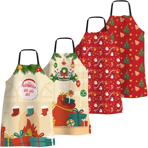 4 Stück Weihnachtsschürze Lustig Weihnachten Kochschürze für Frauen Männer | Grillschürze mit Verstellbare Träger, Lange Gürtelbänder, Wasserdichte Schürze für Küche Backen Grillparty Weihnachtensparty