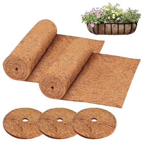 PORFOYO 2 Rouleaux 100 * 30cm Tapis de Coco et 3 Pièces 30cm Disques de Paillage en Coco, Tapis de Noix de Coco, Doublure en Noix de Coco pour Plantes en Pot, Protection Contre Les Mauvaises Herbes