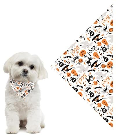 JUKOTA 1 Stück Halloween Halstuch Hund,Einstellbare Dreieck Hundehalstuch mit Kürbis-Katzenspinnen-Muster, Hundekostüm Halloween für kleine mittlere große Hunde(Weiß)
