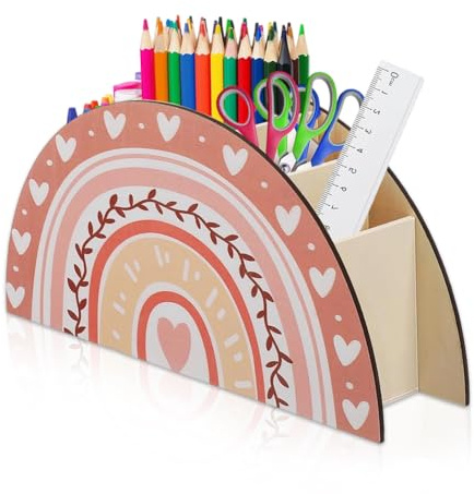 OPVXZAD Stiftehalter aus Holz, Regenbogen Schreibtisch Organizer, Dekorativer und Funktionaler Stifte Organizer mit Mehreren Fächern, Stiftköcher Schreibtisch Geeignet für Büro und Schule