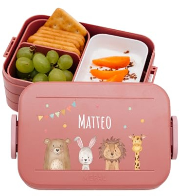 wunderwunsch MEPAL Brotdose Spülmaschinenfest Kinder, Lunchbox mit Einsatz für perfekte Ordnung, Spülmaschine, Mikrowellengeeignet, personalisiert mit niedlichem Motiv (Tiere Girlande, rosa)