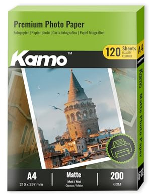 Kamo Papier photo blanc mat A4, 200 g/m², 120 feuilles, recto-verso – Idéal pour les photos, les affiches et les projets de bricolage, compatible avec les imprimantes jet d'encre