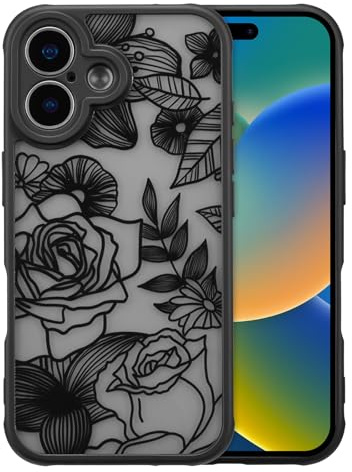 XIZYO Niedlich Rose Blume Hülle für iPhone 17 6,3 Zoll, Schwarz | Ästhetisch Rose Floral Muster, Luxus Vintage Mädchen Stil, Schlanke Dünne, Matt Transluzent Gestaltung, Stoßfest Anti-Gelb