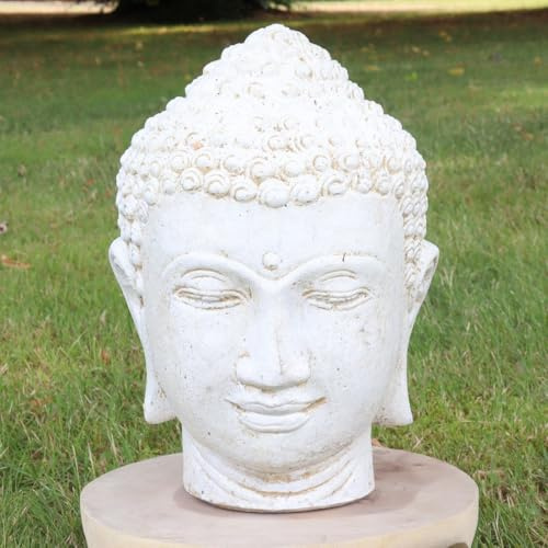 Oriental Galerie Buddha Kopf Head Steinfigur Skulptur Stein Lavasand Bali Garten Deko handgefertigt aus Bali Weiß 33 cm