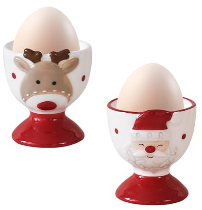 Eierbecher Porzellan 2er Set, Weihnachten Eierbecher Set aus Keramik, Weihnachtsdeko Eierhalter mit Weihnachtsmann & Elch Muster, Kinder Frühstücks Eierständer, Egg Cup für Weihnachten Tischdeko