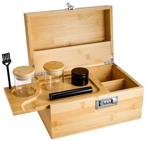 Bamboo Storage Box with Removable Divider Smell Proof Box with Combination Lock Bamboo Bathroom Storage Shelf for Jewelry, Tea, Spices, or Valuables - Includes Accessory Trays(Beige)