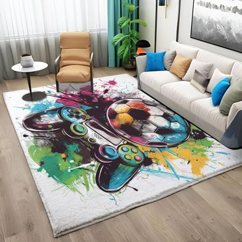 Cozzmats Gamer Teppich jugendzimmer Jungen kinderzimmer Junge 120x170 cm rutschfest Waschbar, Fussball Teppich Graffiti Game Druck weißWohnzimmer Weiß Läufer (White,120 x 170 cm)