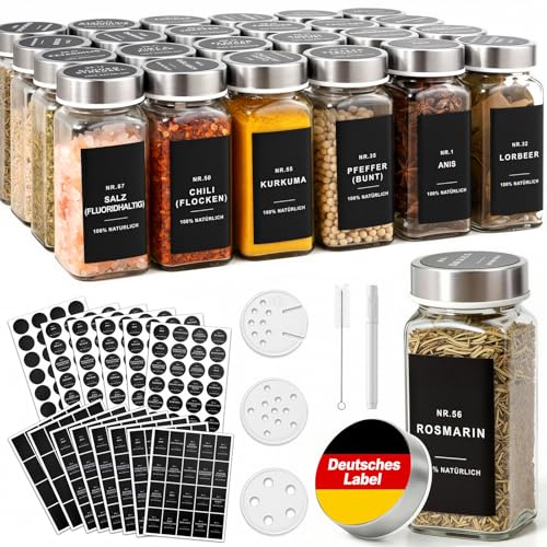 OMOZUN Gewürzgläser eckig Set, 120 ml Glas Gewürzdosen mit Deckel 24er | Gewürzgläser mit Edelstahl Deckel, Etiketten & Streueinsätze, LuftdichteGewürzstreuer, Gewürz Organizer für Küche & Schublade