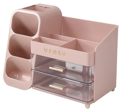 Qivange Cosmetic Storage Box with Drawers Makeup Organiser Case for Vanity with Make Up Brush Holder Skincare Organiser Vanity Organizer for Cosmetics Skincare 35x19x25cm(pink)