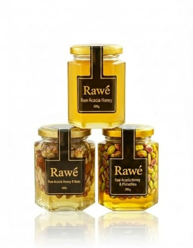 Rawé Raw Pure Honey with Mixed Nuts and Pistachios, 3 Glass Jars, 330g Pure Honey and 280g Nut Varieties, Unpasteurised