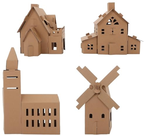 Abaodam 4pcs DIY Cardboard Village Houses Craft Kit for – Mini Paper Playhouses Set Including Elizabeth Tower, Windmill, Seaside Villa Vasily Manor – Indoor Coloring and Assembly