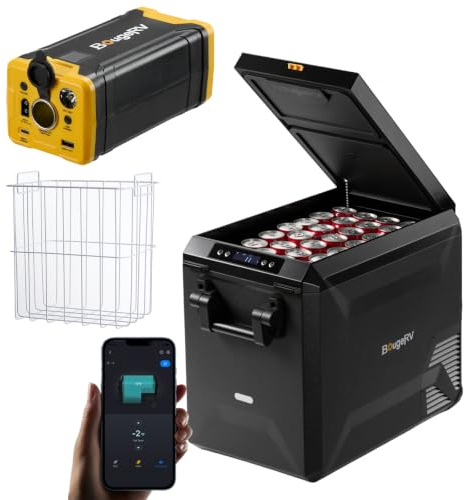 BougeRV Nevera con compresor de 47 l con batería de 266 Wh, nevera para coche, 12 V, 230 V, con cesta integrada, nevera eléctrica IPX4, resistente al agua, para exteriores, viajes, barco, pesca, -20 °