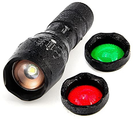 UltraFire Taktische Taschenlampe 900 Lumen mit Rot/Grün/Weißes Licht, Zoomable 5 Modi LED Taschenlampe, Wasserdicht Kleine Taschenlampe, 3 Farben Austauschbare Filter, A100