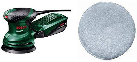 Bosch PEX 220 A - Lijadora excéntrica (220 W, Ø-plato lijador: 125 mm, Microfilter System, Excentricidad: 4 mm) + Bosch 2 609 256 049 - Caperuza de lana de oveja para lijadora excéntrica, 125 mm