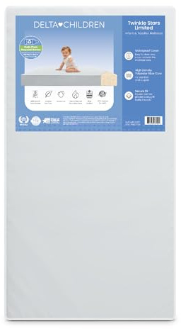 Delta Children Twinkle Stars Limited Premium Recycled Fiber Core Crib and Toddler Mattress - Waterproof Cover - GREENGUARD Gold Certified - Trusted 7 Year Warranty - Made in USA