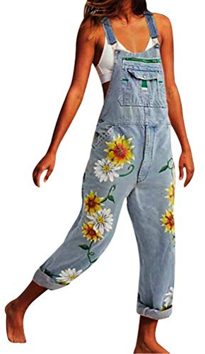 Onsoyours Combinaison Femme Salopette en Jeans Denim Boyfriend Slim Jumpsuit Pantalon Floral Casual Grand Taille pour Printemps Automne