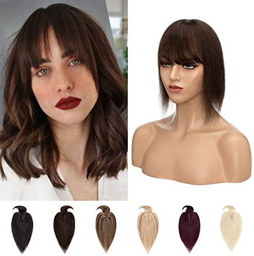 Silk-co Toupet Veri Capelli Umani con Frangia Clip Extension 38g Toupee Capelli Donna Veri Silk Base 30cm - 2 Marrone Scuro