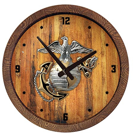 The Fan-Brand Military US Marine Corps: Faux Barrel Top Wall Clock - Sports Team Bar Sign Décor - Home Man Cave, Party Decoration - Made On Demand